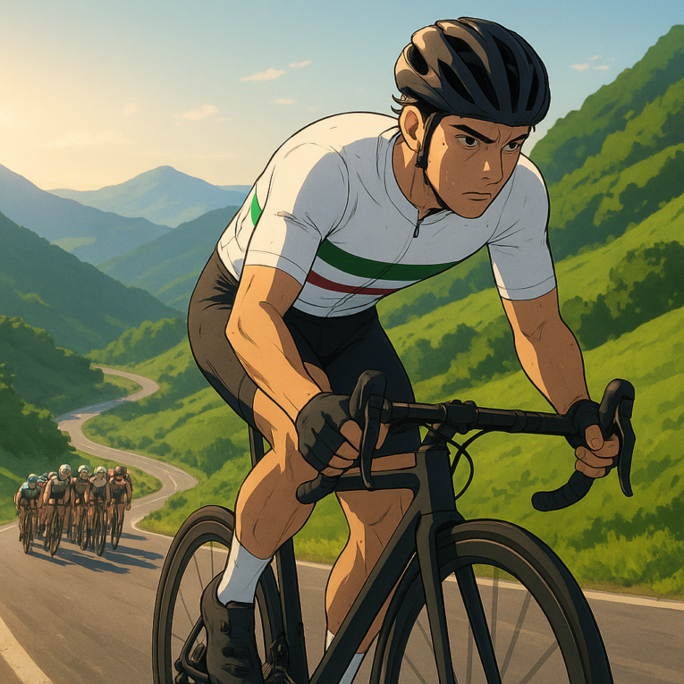 Ciclista líder subiendo una montaña en la etapa 6 de la Tirreno-Adriatico, rodeado de paisajes verdes y montañas.