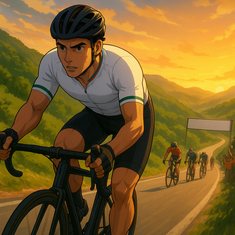 Ciclista cruzando la meta en la empinada subida de Camerino durante la etapa 6 del Tirreno-Adriatico.