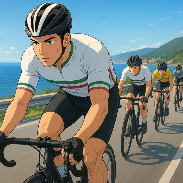 Isaac del Toro lidera el pelotón en una carretera costera durante la etapa 7 del Tirreno-Adriatico.