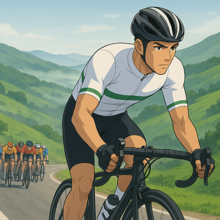 Isaac del Toro lidera el pelotón en un paisaje montañoso del País Vasco.