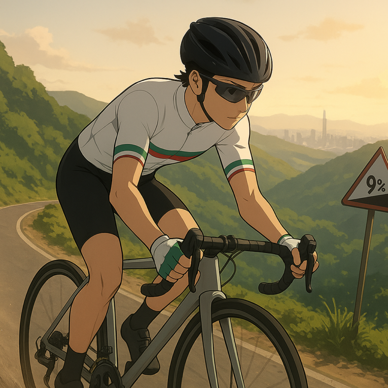 Ciclista solitario ascendiendo una empinada carretera de montaña con Bilbao al fondo.