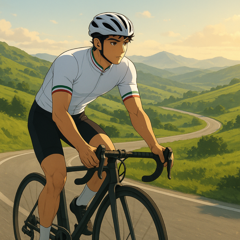 Un ciclista solitario pedalea por una carretera de montaña en el paisaje vasco durante la etapa 6 de Itzulia Basque Country.